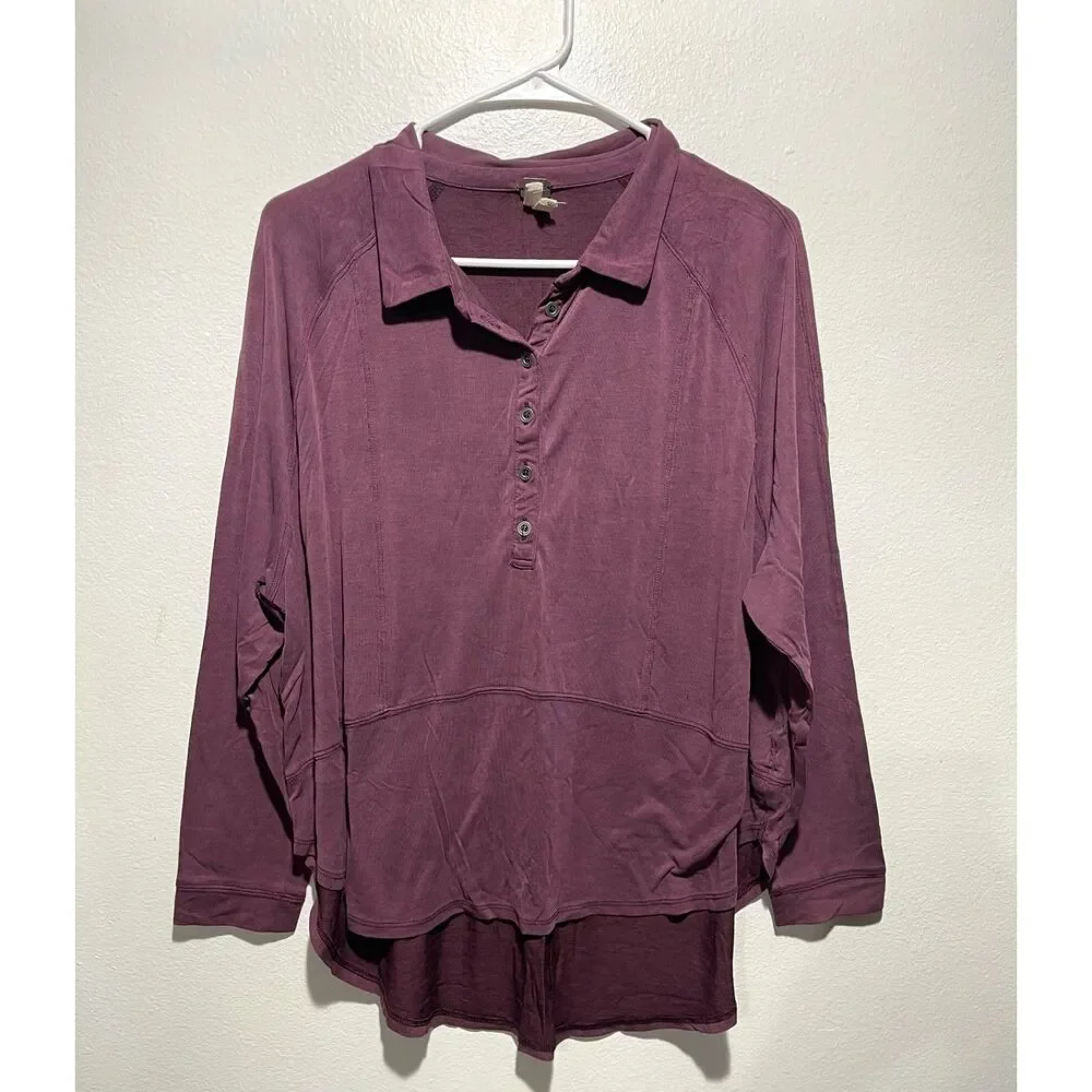 Free People t shirt bohemian lagenlook long sleeve tunic cranberry red women XS